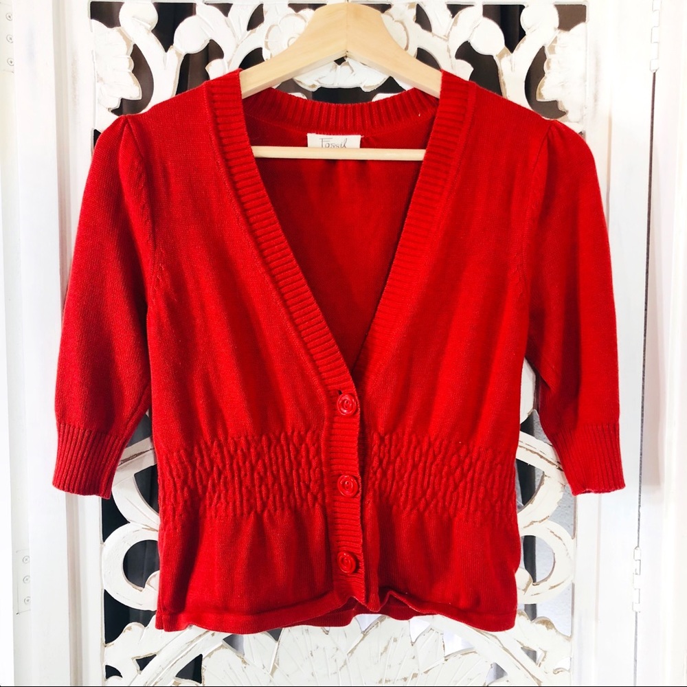 Fossil Red Cropped 1/2 Sleeve Button Up Sweater - image 1
